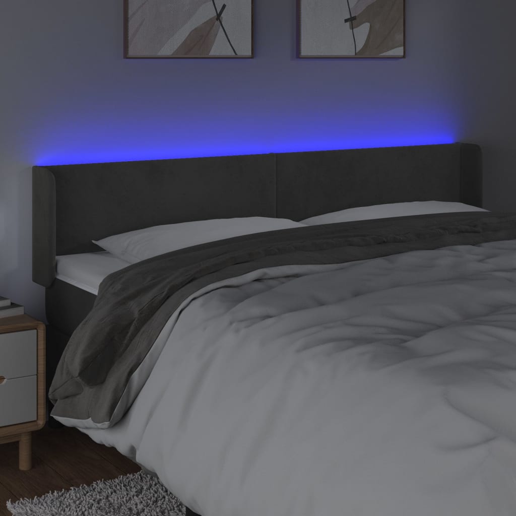 sötétszürke bársony LED-es fejtámla 183 x 16 x 78/88 cm