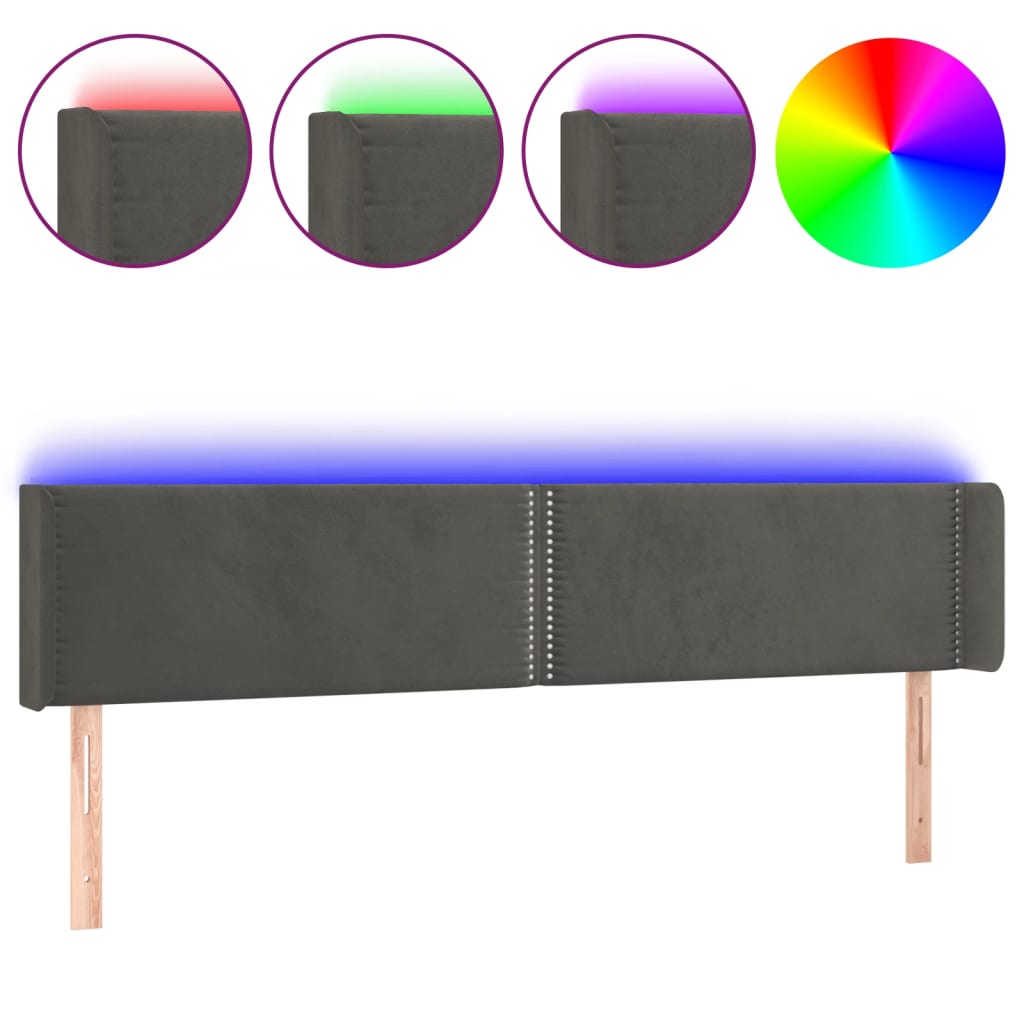 sötétszürke bársony LED-es fejtámla 203 x 16 x 78/88 cm