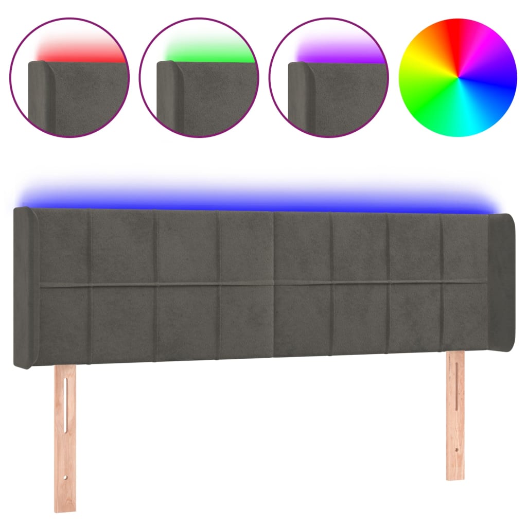 sötétszürke bársony LED-es fejtámla 147 x 16 x 78/88 cm