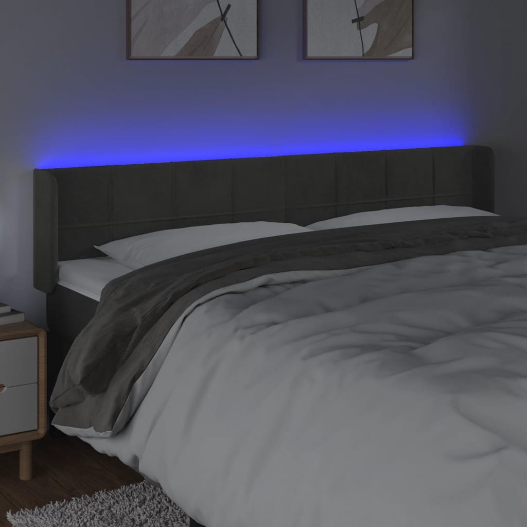sötétszürke bársony LED-es fejtámla 163 x 16 x 78/88 cm