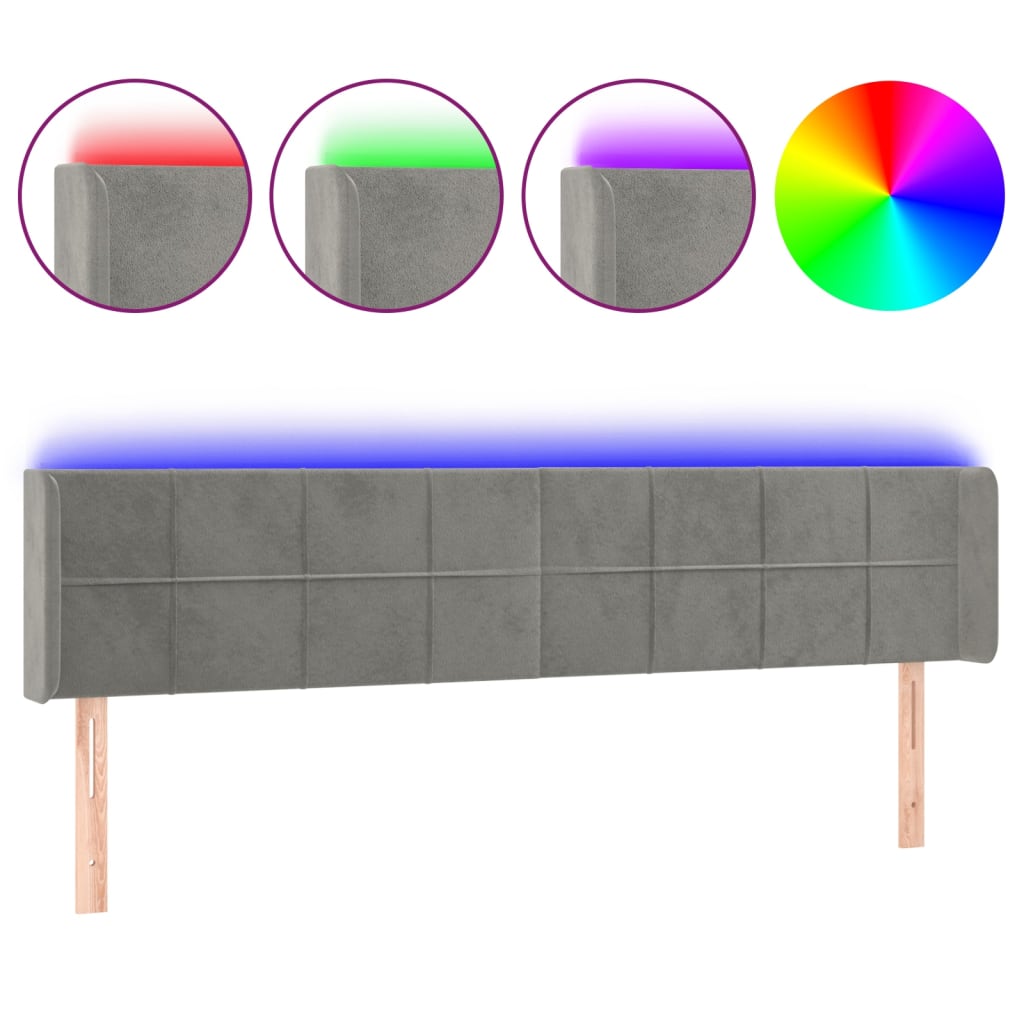 világosszürke bársony LED-es fejtámla 183 x 16 x 78/88 cm