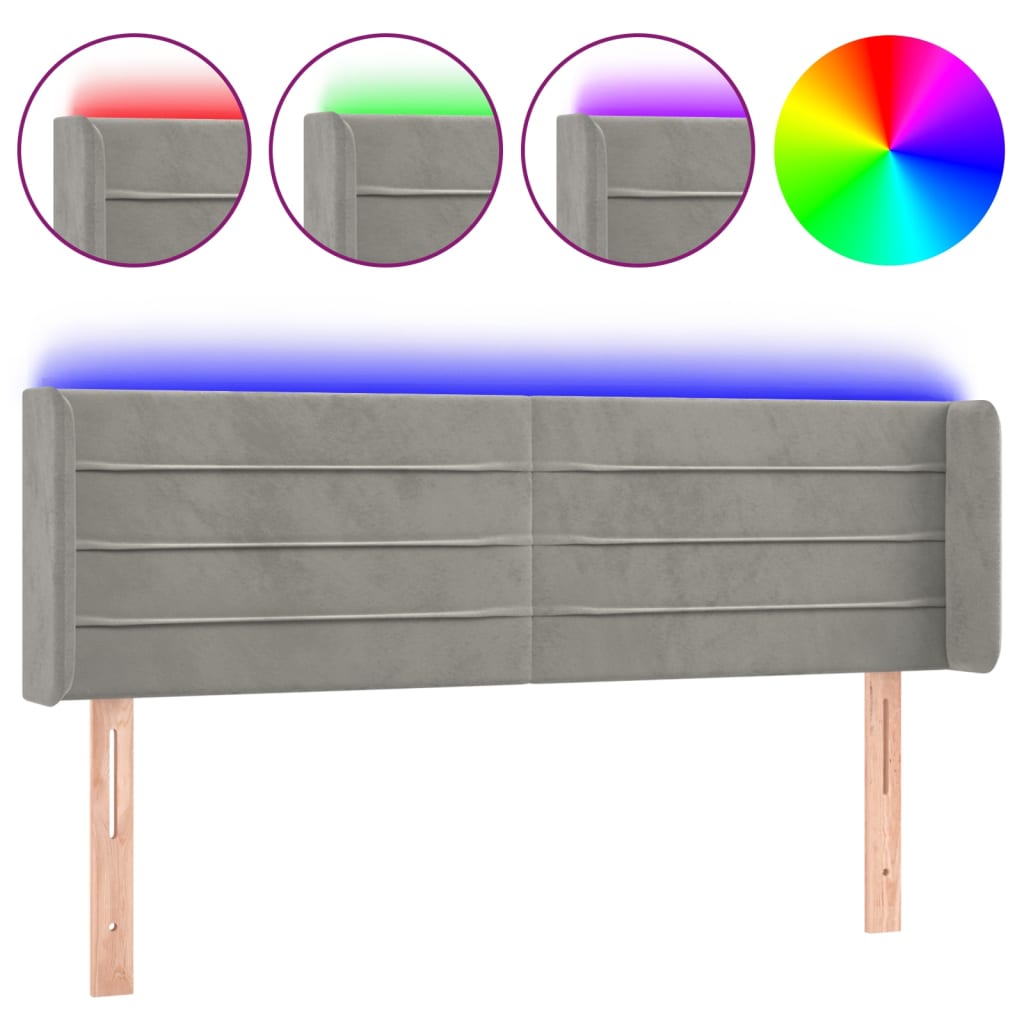 világosszürke bársony LED-es fejtámla 147 x 16 x 78/88 cm