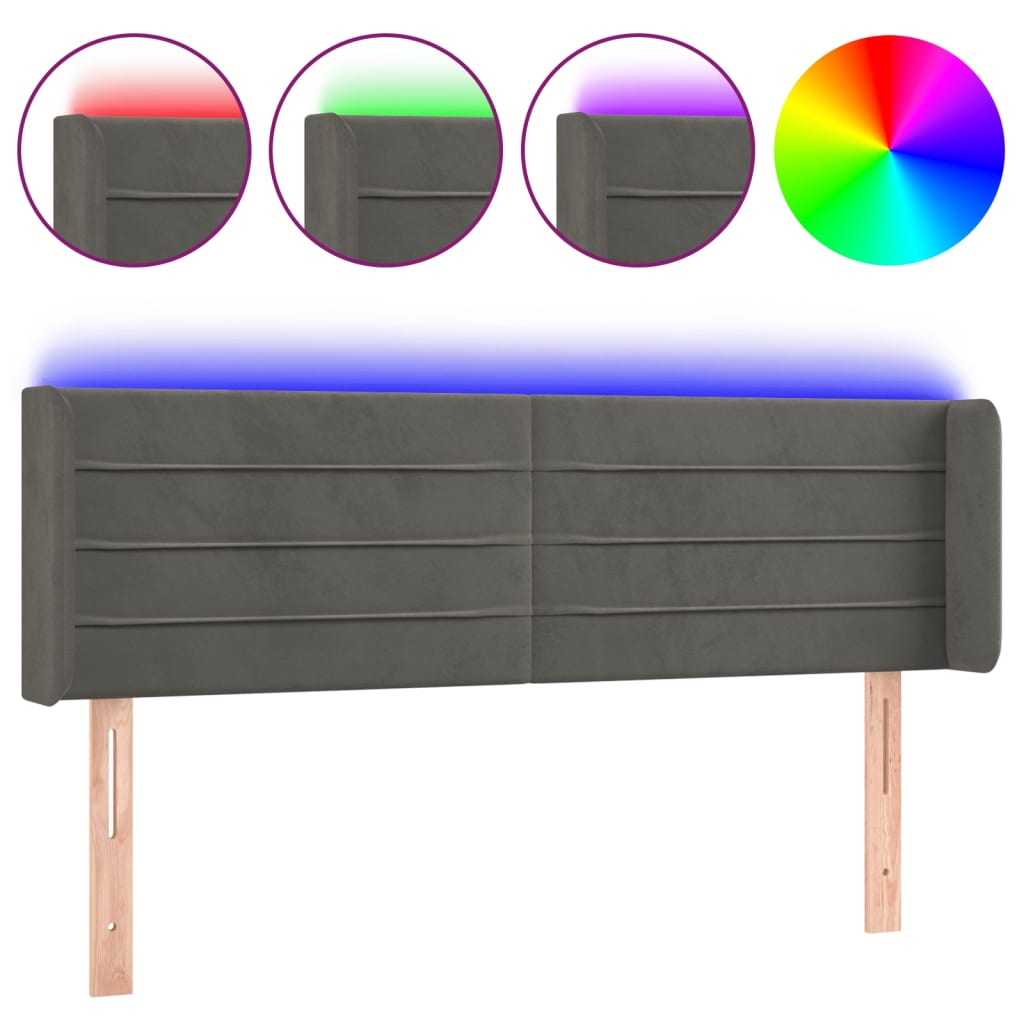 sötétszürke bársony LED-es fejtámla 147 x 16 x 78/88 cm