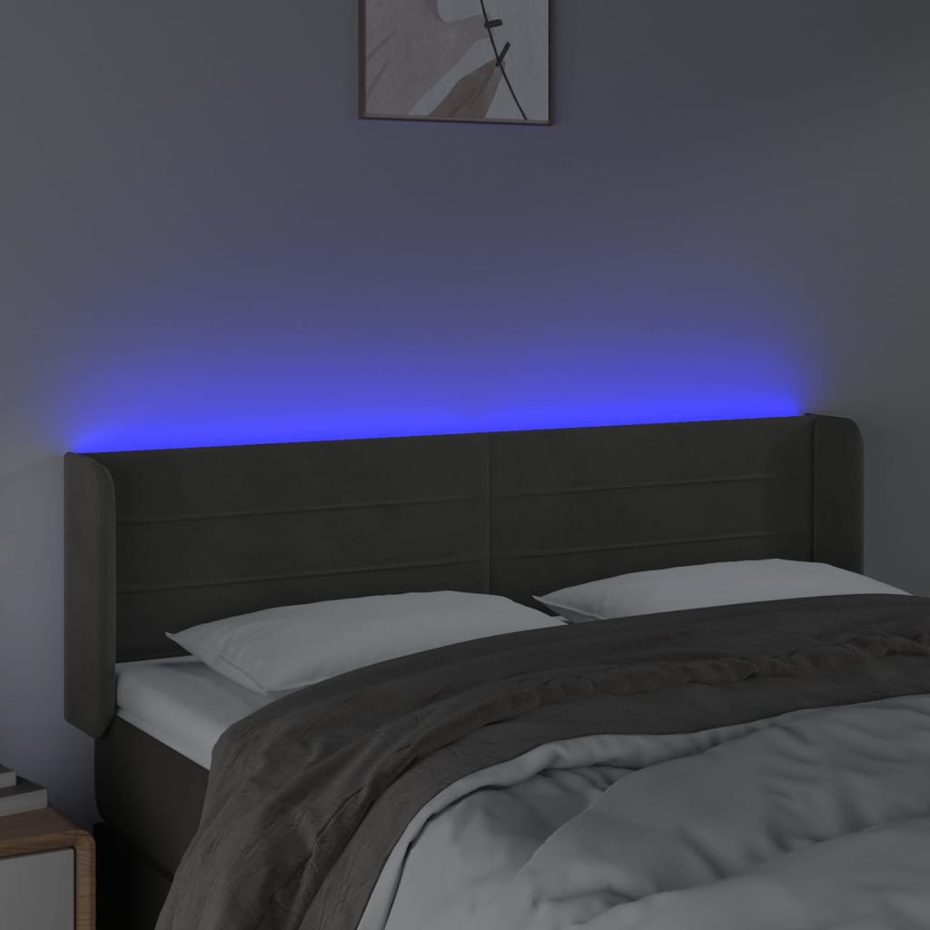 sötétszürke bársony LED-es fejtámla 147 x 16 x 78/88 cm