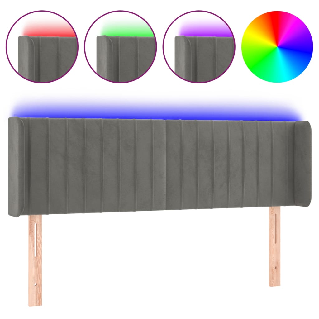 világosszürke bársony LED-es fejtámla 147 x 16 x 78/88 cm