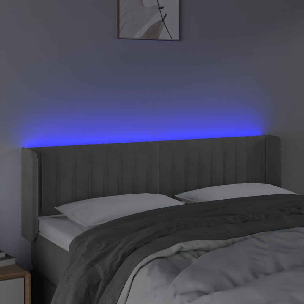világosszürke bársony LED-es fejtámla 147 x 16 x 78/88 cm