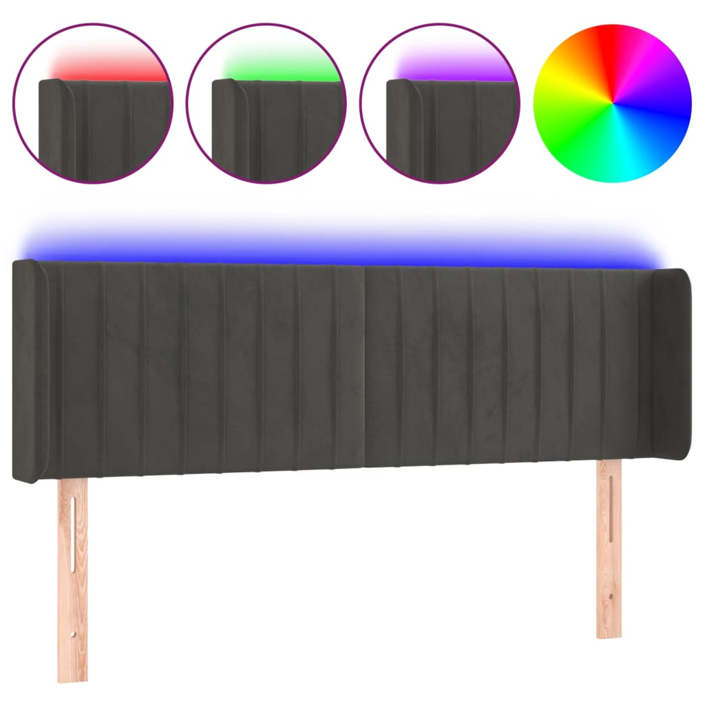 sötétszürke bársony LED-es fejtámla 147 x 16 x 78/88 cm