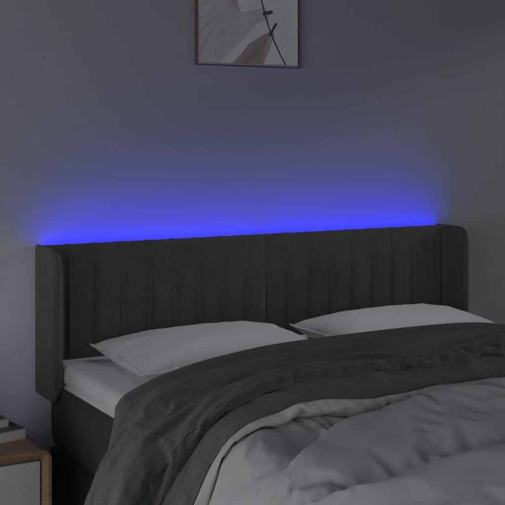 sötétszürke bársony LED-es fejtámla 147 x 16 x 78/88 cm