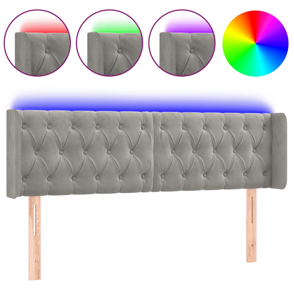 világosszürke bársony LED-es fejtámla 147 x 16 x 78/88 cm
