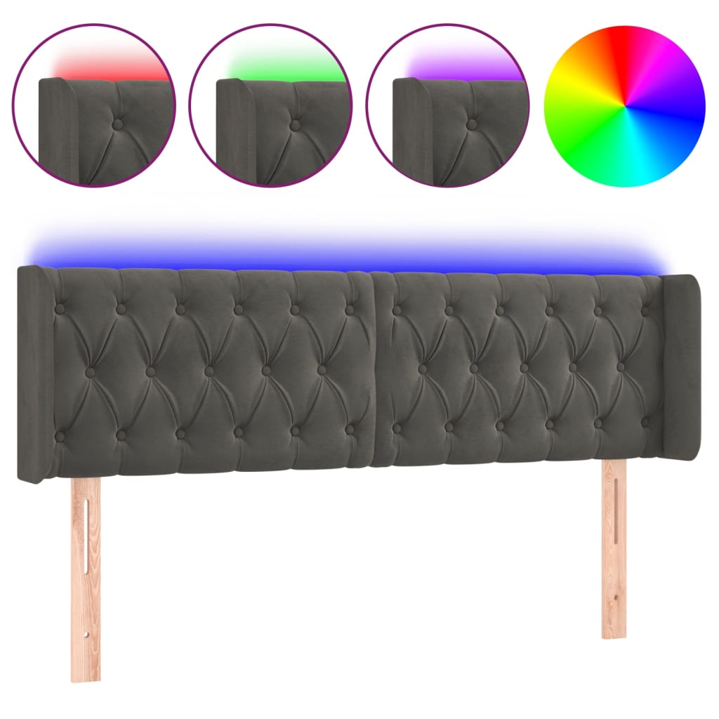 sötétszürke bársony LED-es fejtámla 147 x 16 x 78/88 cm
