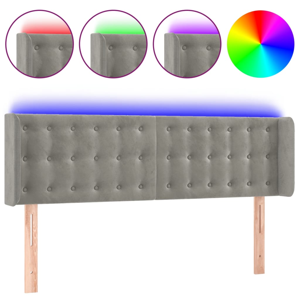 világosszürke bársony LED-es fejtámla 147 x 16 x 78/88 cm