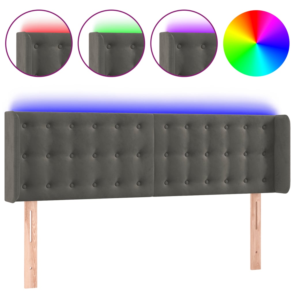 sötétszürke bársony LED-es fejtámla 147 x 16 x 78/88 cm