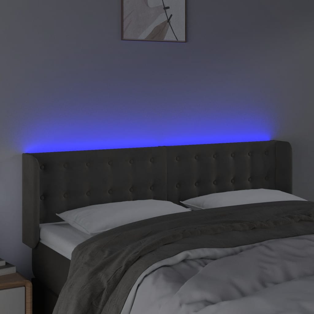sötétszürke bársony LED-es fejtámla 147 x 16 x 78/88 cm