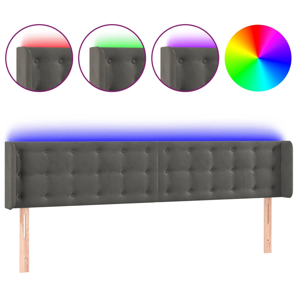 sötétszürke bársony LED-es fejtámla 163 x 16 x 78/88 cm