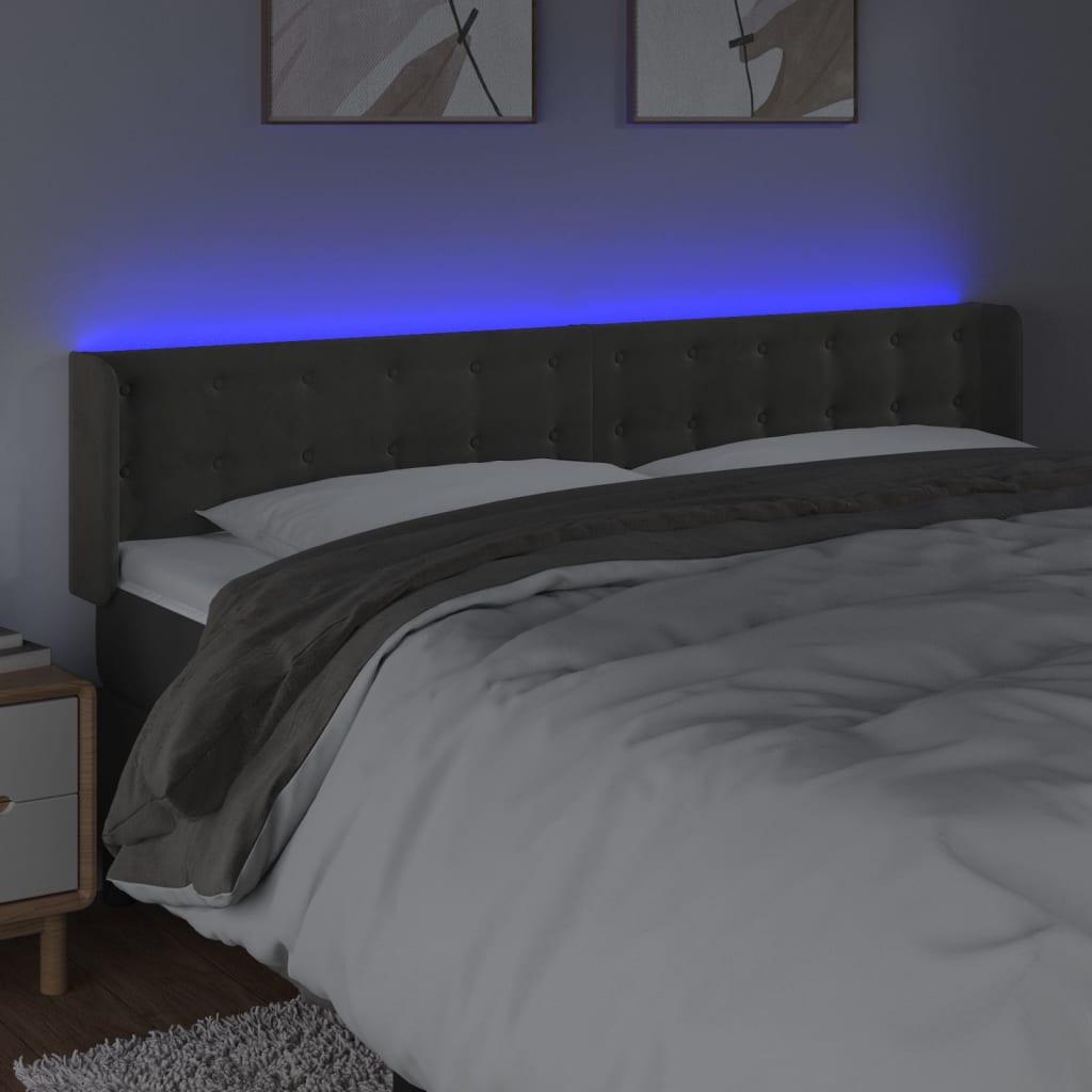 sötétszürke bársony LED-es fejtámla 163 x 16 x 78/88 cm