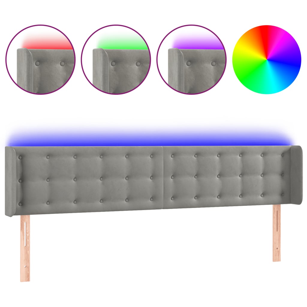 világosszürke bársony LED-es fejtámla 183 x 16 x 78/88 cm