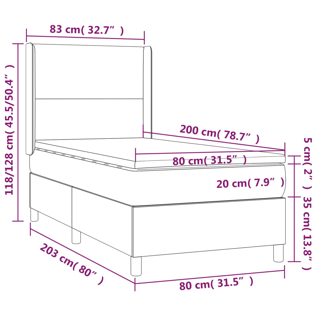 sötétkék bársony rugós ágy matraccal 80 x 200 cm