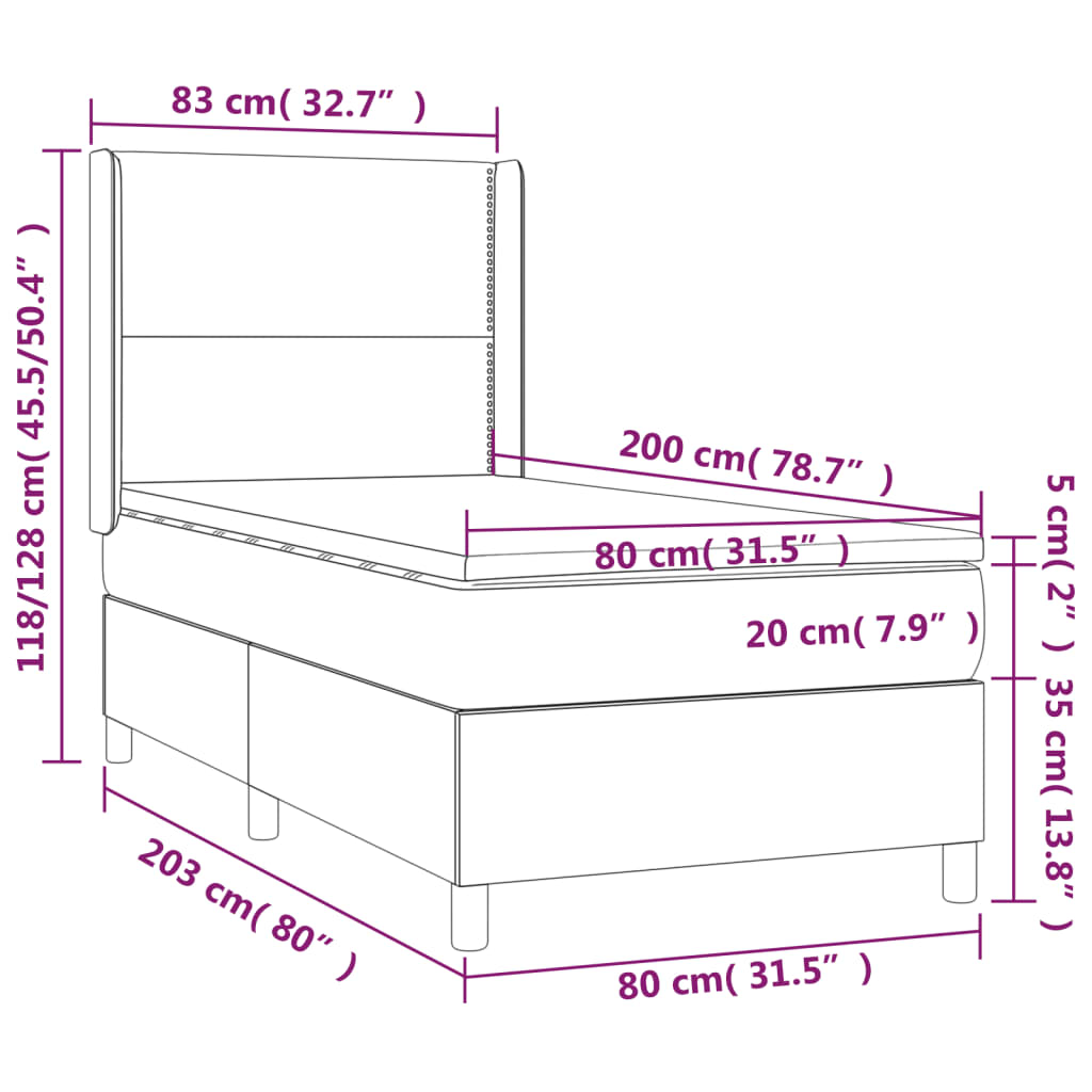 sötétkék bársony rugós ágy matraccal 80 x 200 cm