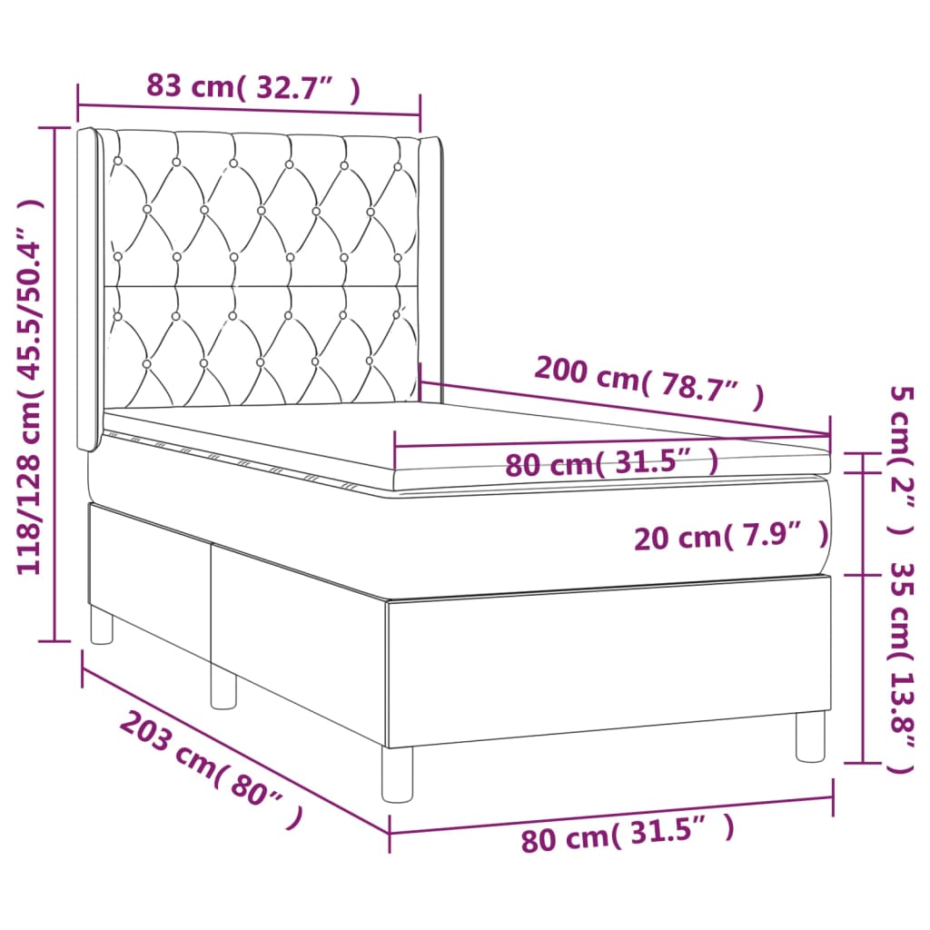sötétkék bársony rugós ágy matraccal 80 x 200 cm