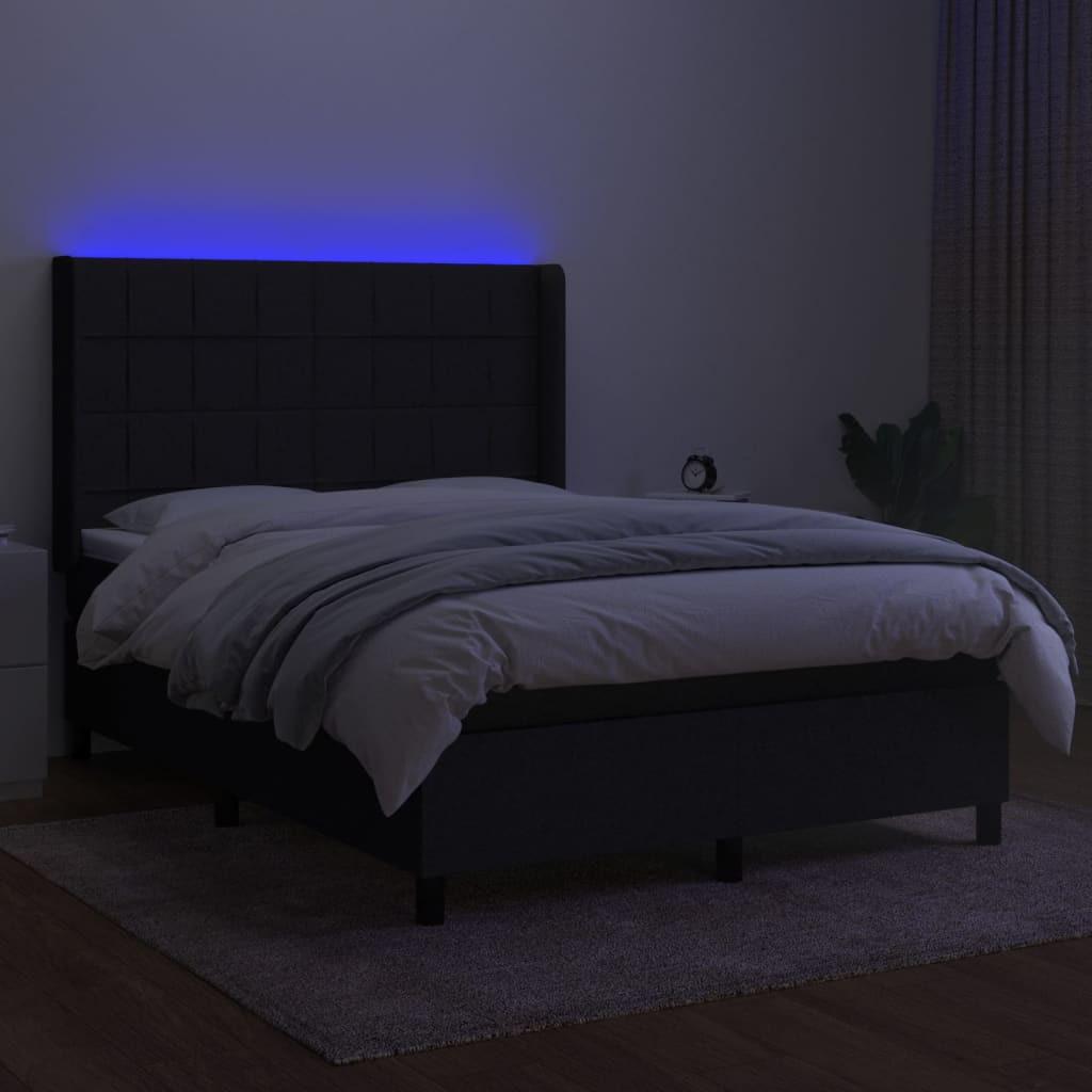 fekete szövet rugós és LED-es ágy matraccal 140x190 cm