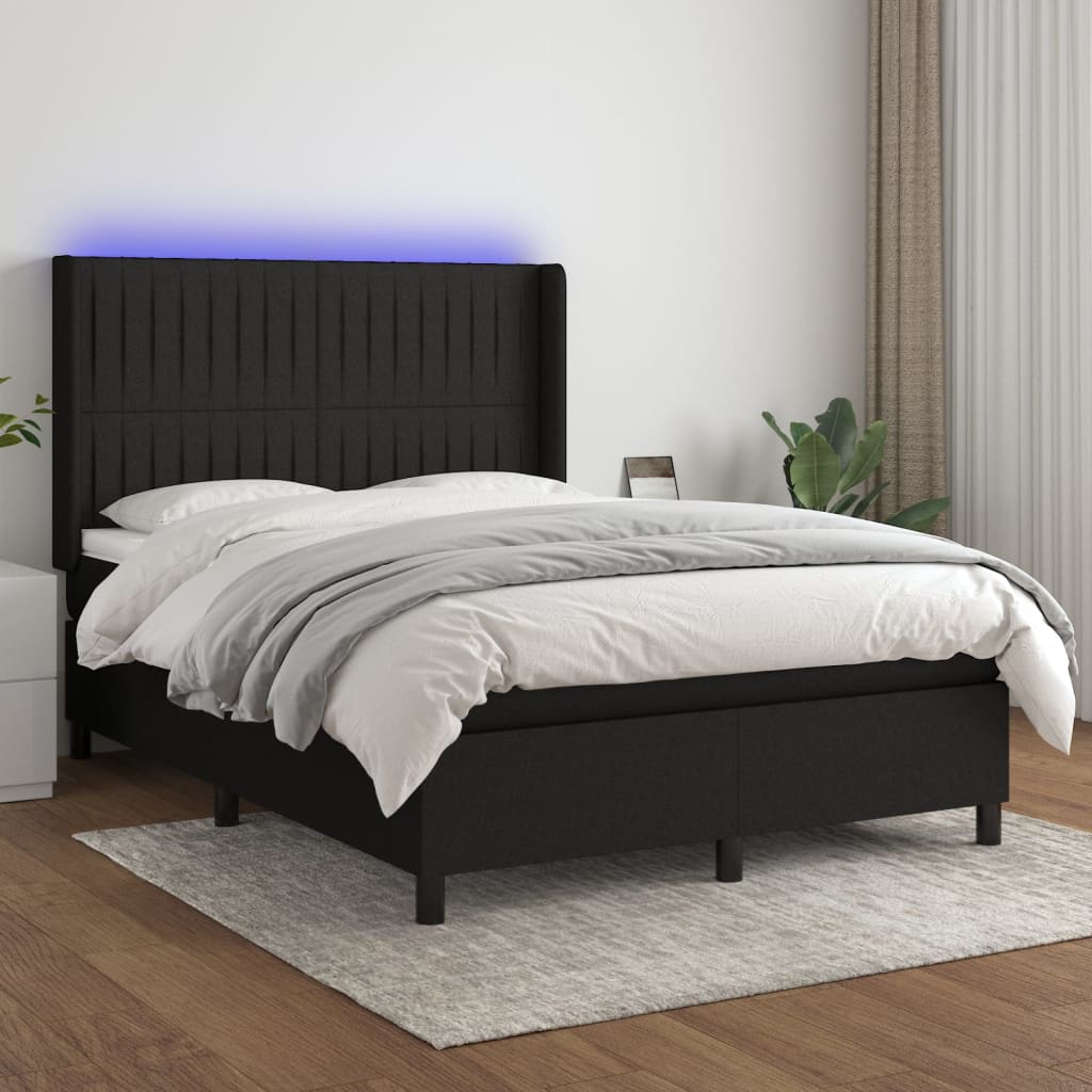 fekete szövet rugós és LED-es ágy matraccal 140x190 cm