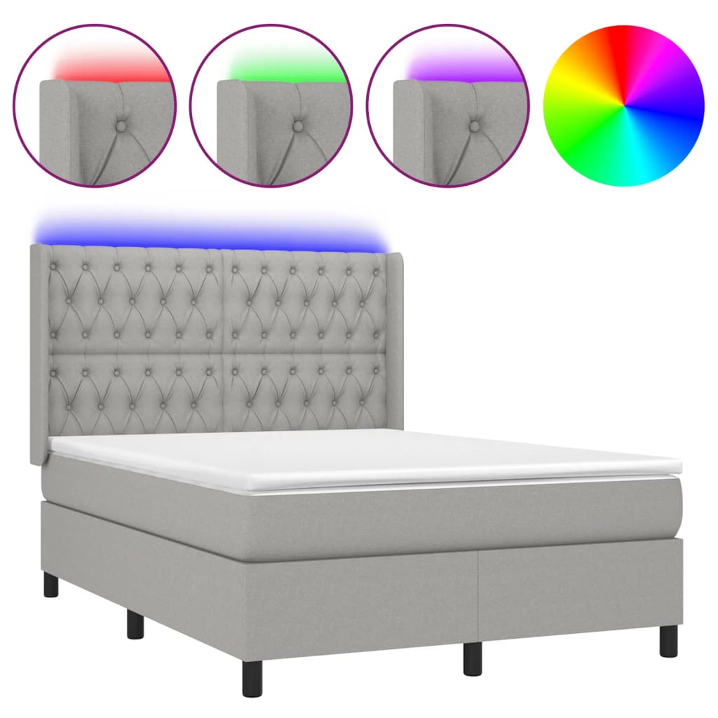 világosszürke szövet rugós és LED-es ágy matraccal 140x190 cm