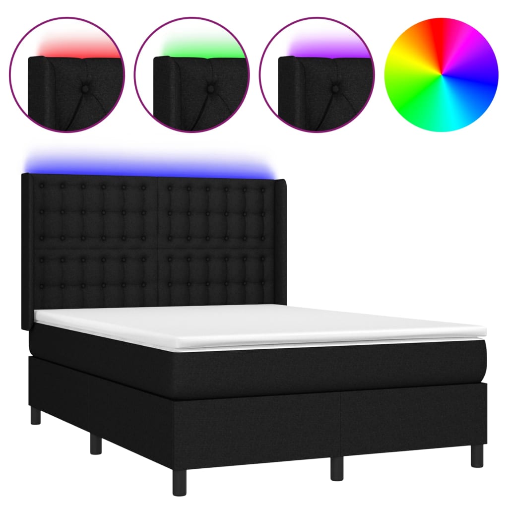 fekete szövet rugós és LED-es ágy matraccal 140x190 cm