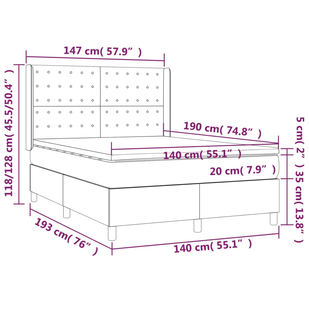 fekete szövet rugós és LED-es ágy matraccal 140x190 cm
