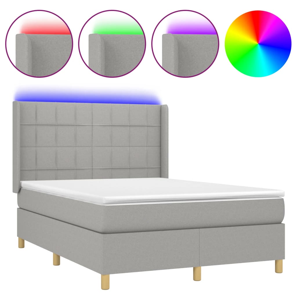 világosszürke szövet rugós és LED-es ágy matraccal 140x190 cm