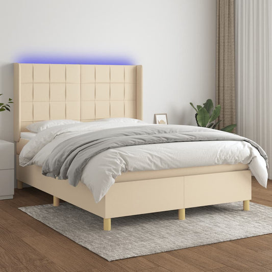 krémszínű szövet rugós és LED-es ágy matraccal 140x190cm