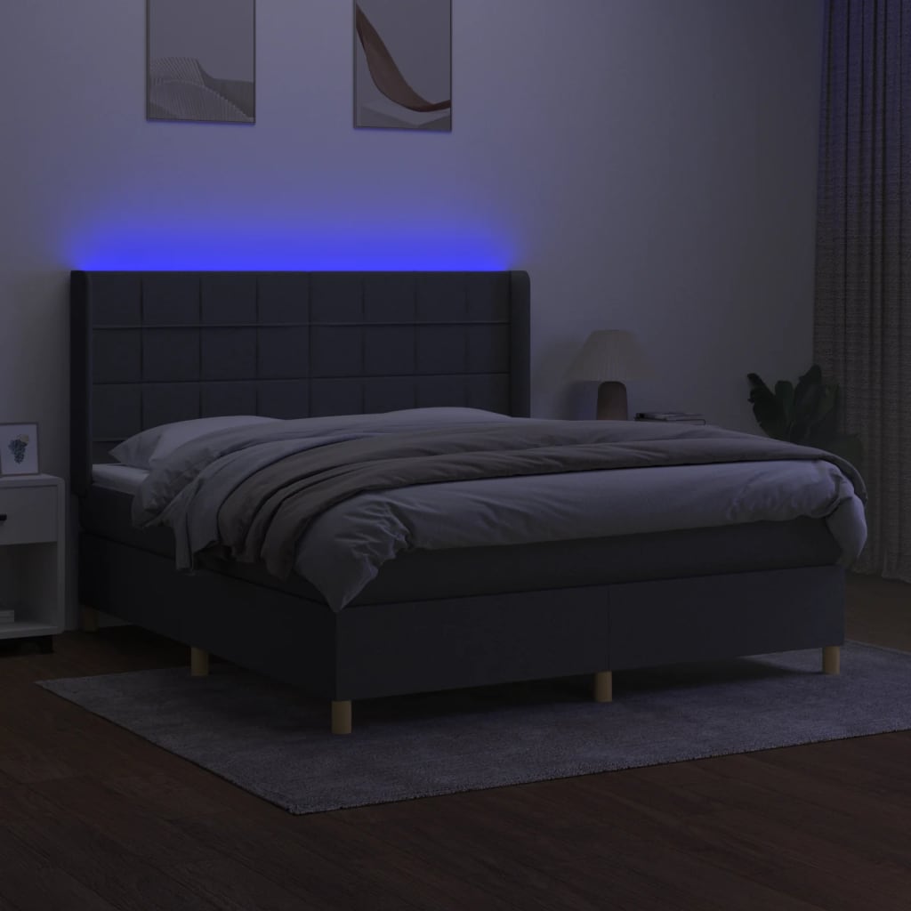 sötétszürke szövet rugós és LED-es ágy matraccal 160x200 cm