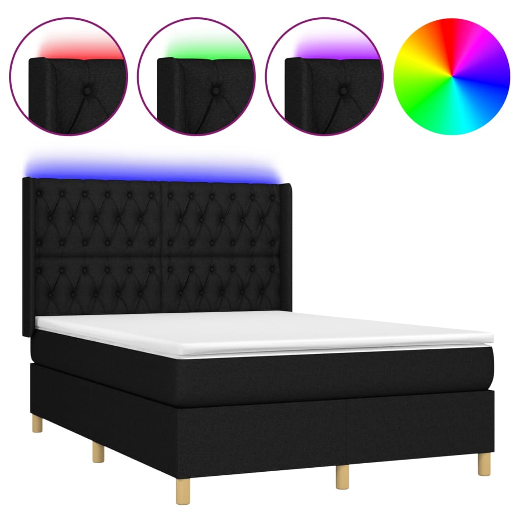 fekete szövet rugós és LED-es ágy matraccal 140x190 cm