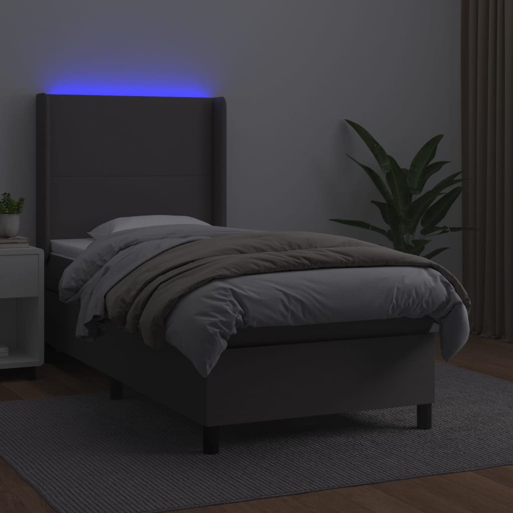 szürke műbőr rugós ágy matraccal és LED-del 80 x 200 cm