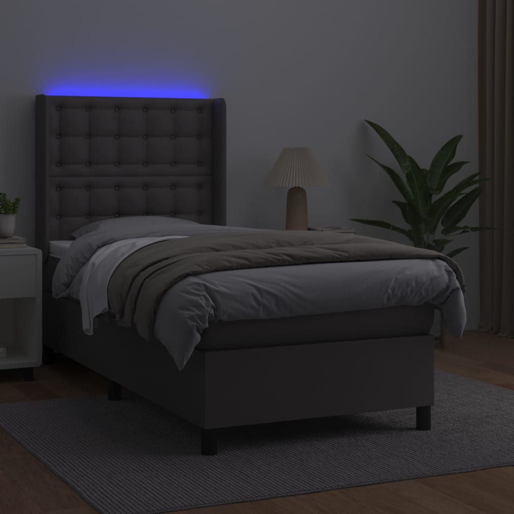 szürke műbőr rugós ágy matraccal és LED-del 80 x 200 cm