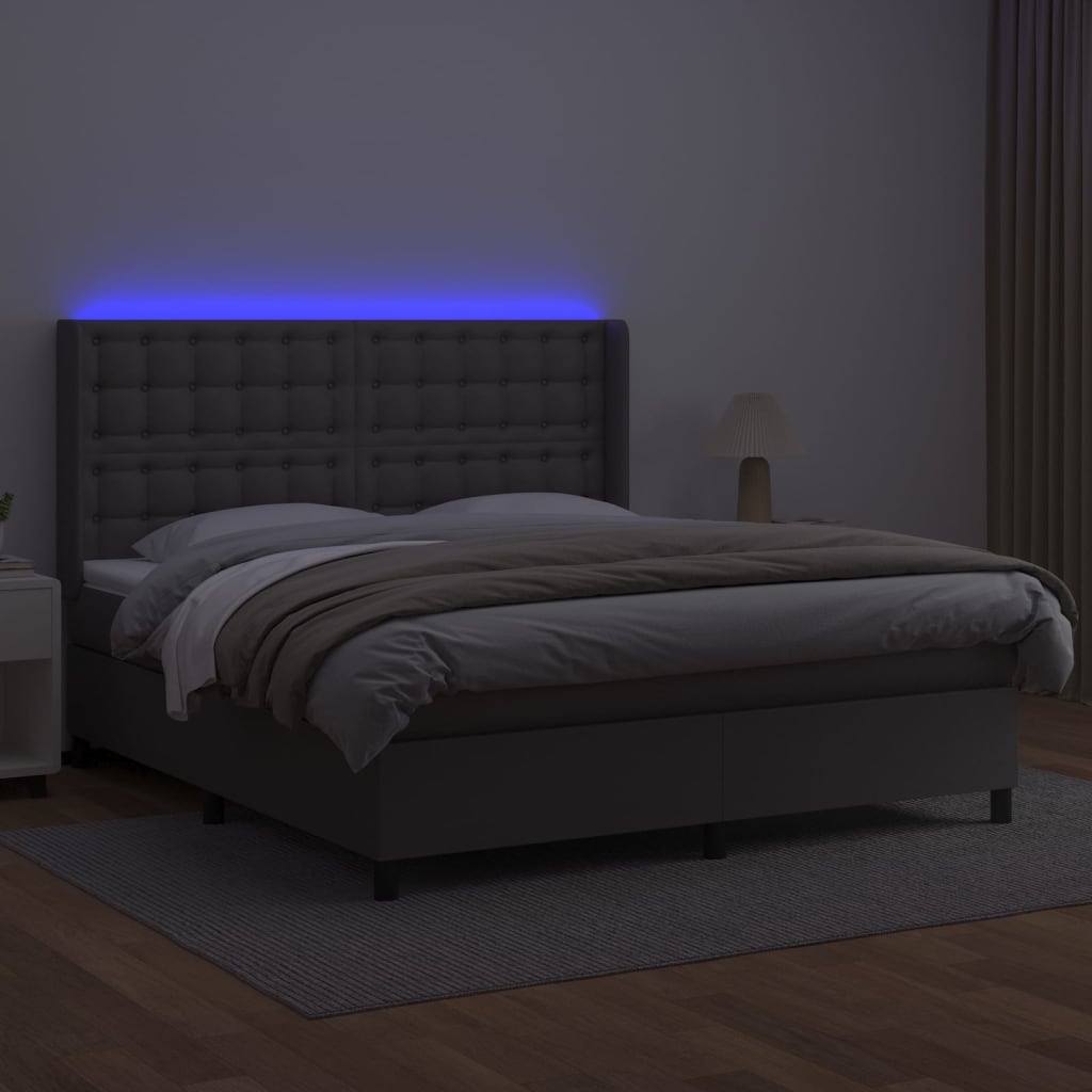 szürke műbőr rugós ágy matraccal és LED-del 160x200 cm