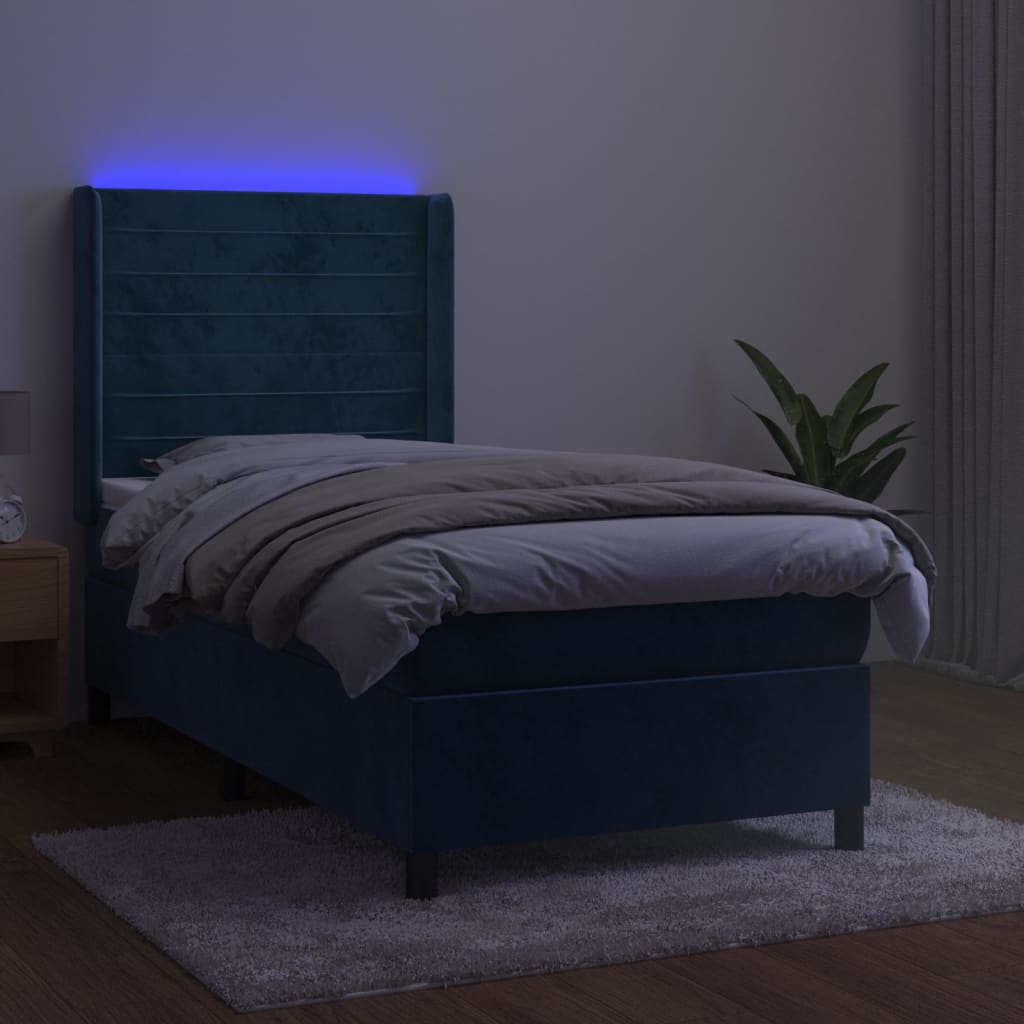 sötétkék bársony rugós és LED-es ágy matraccal 80 x 200 cm