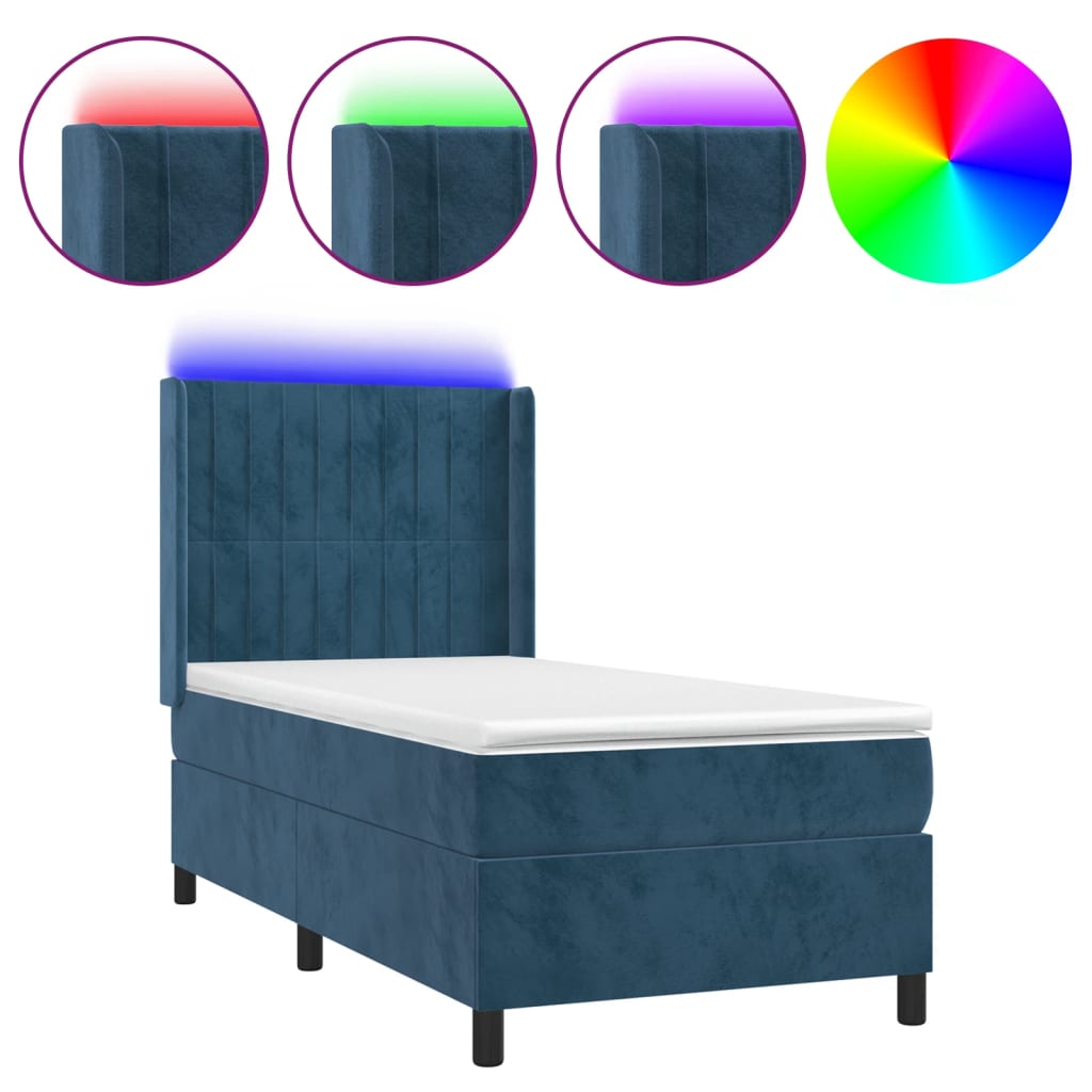 sötétkék bársony rugós és LED-es ágy matraccal 80 x 200 cm