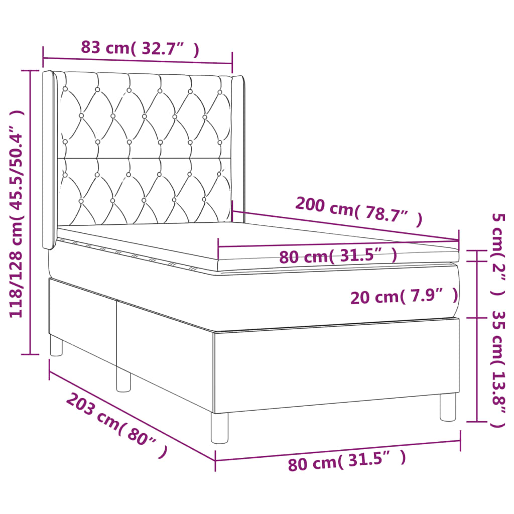 sötétkék bársony rugós és LED-es ágy matraccal 80 x 200 cm