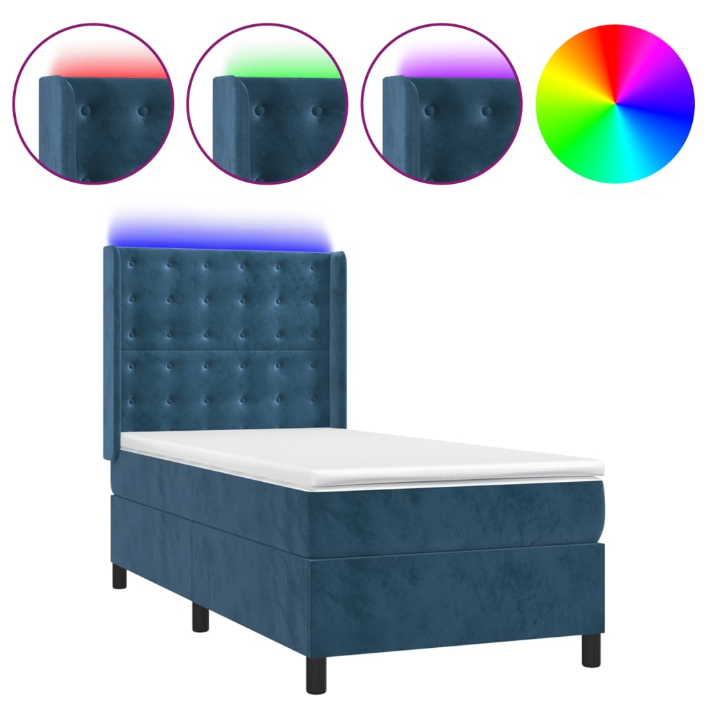 sötétkék bársony rugós és LED-es ágy matraccal 80 x 200 cm