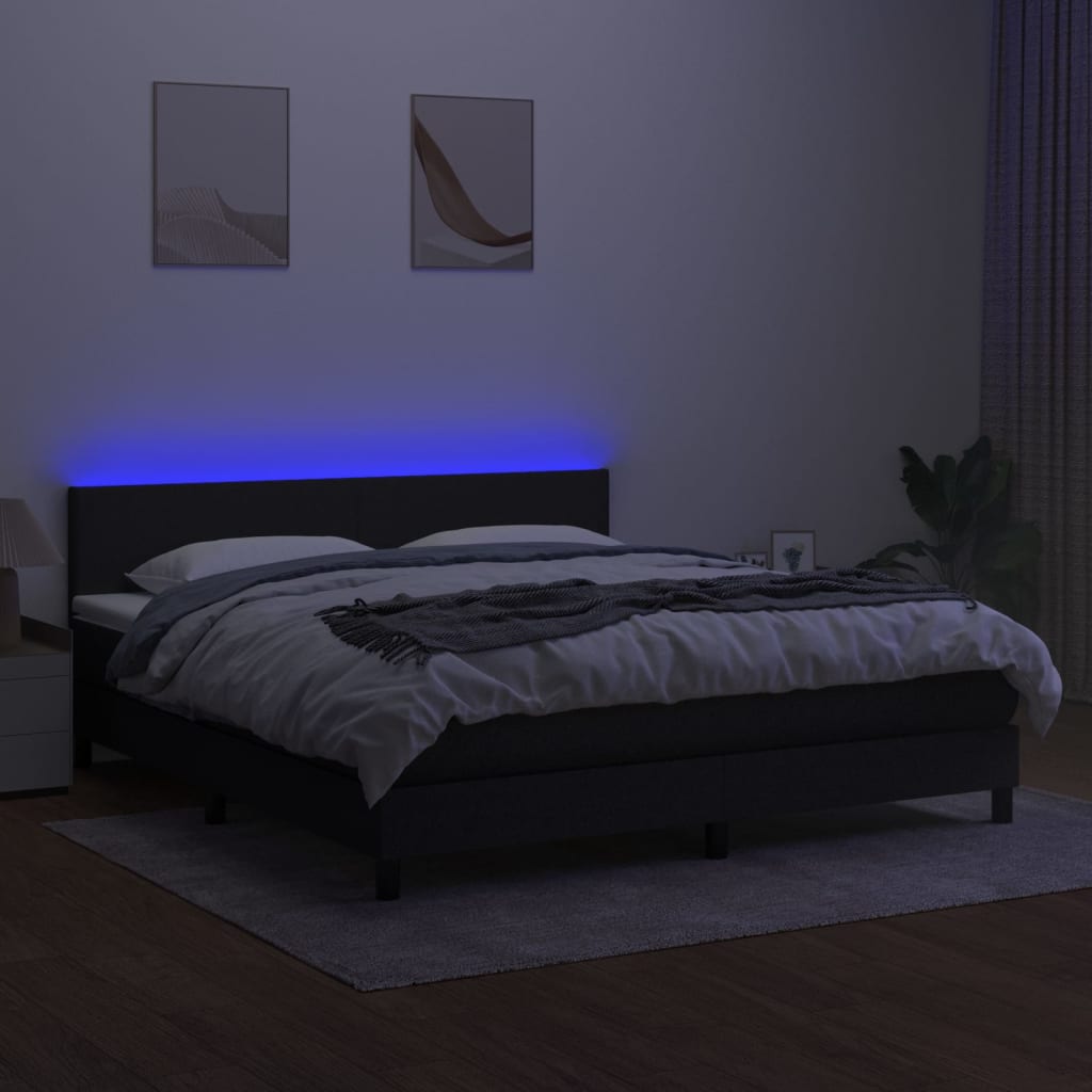 fekete szövet rugós és LED-es ágy matraccal 180 x 200 cm