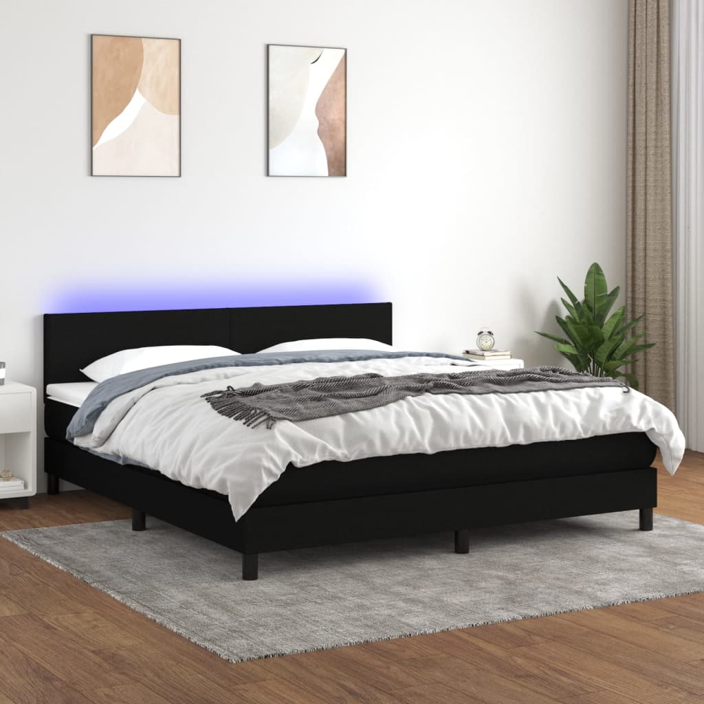 fekete szövet rugós és LED-es ágy matraccal 180 x 200 cm