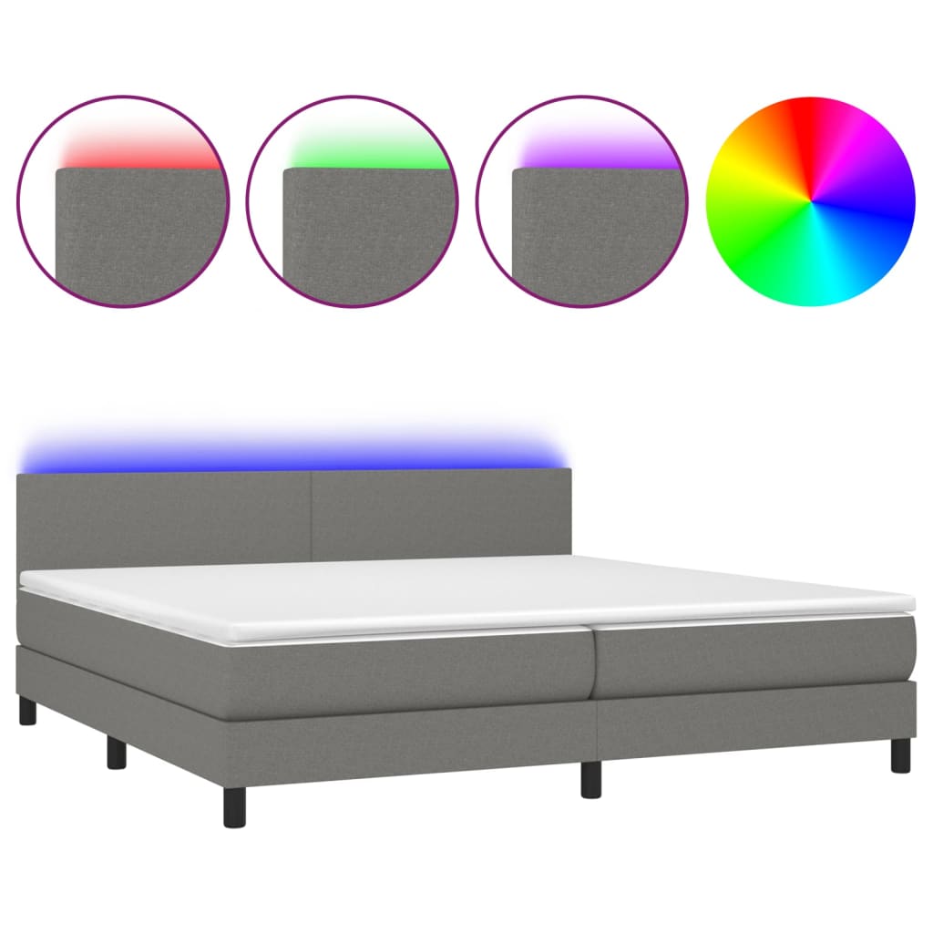 sötétszürke szövet rugós és LED-es ágy matraccal 200x200 cm
