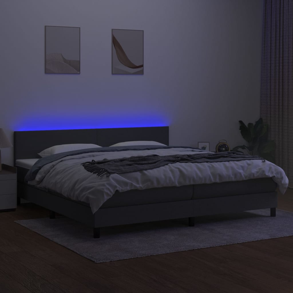 sötétszürke szövet rugós és LED-es ágy matraccal 200x200 cm