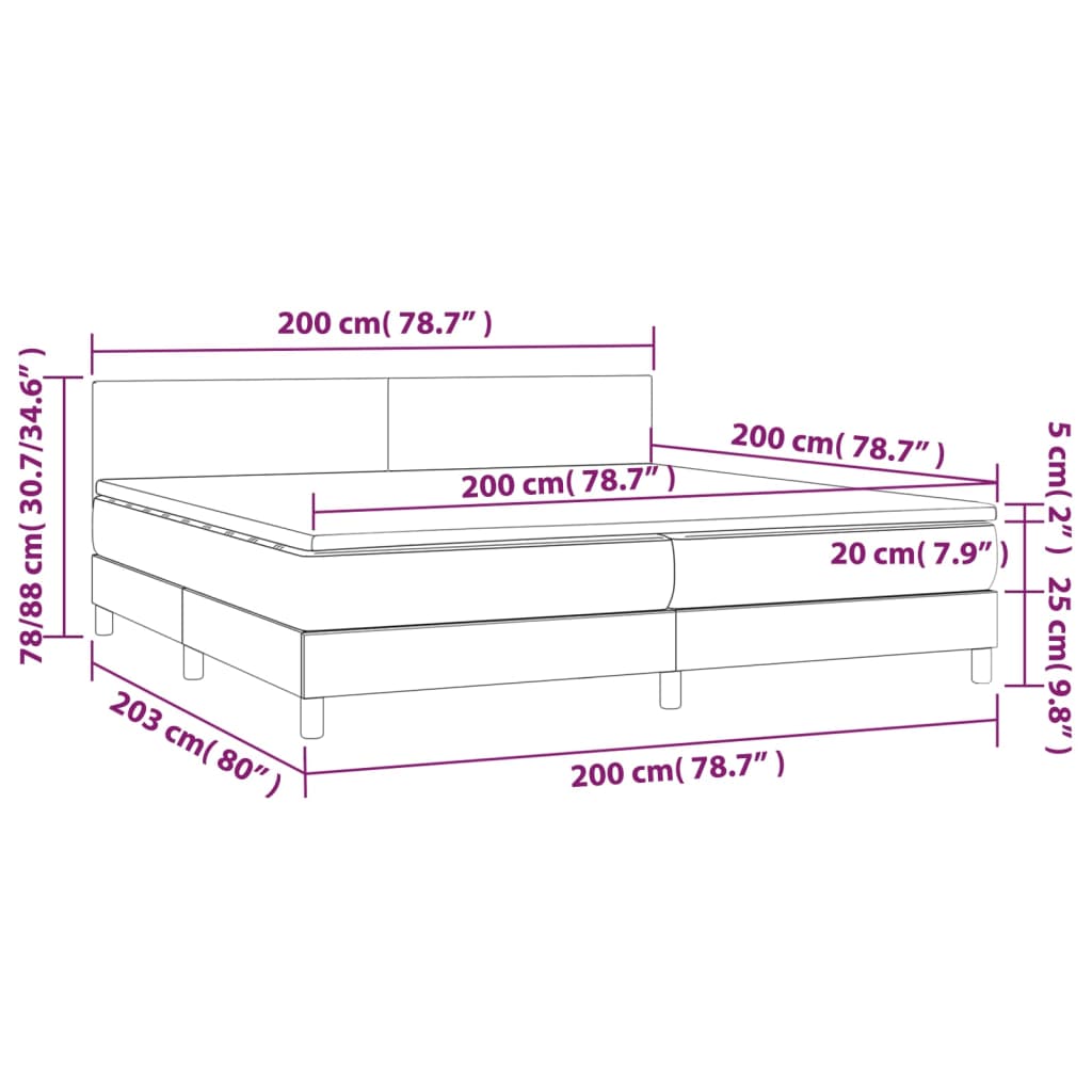 sötétszürke szövet rugós és LED-es ágy matraccal 200x200 cm