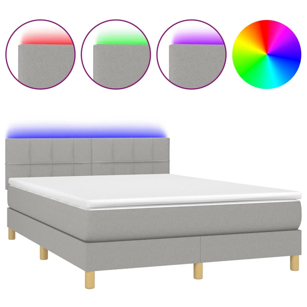 világosszürke szövet rugós és LED-es ágy matraccal 140x190 cm
