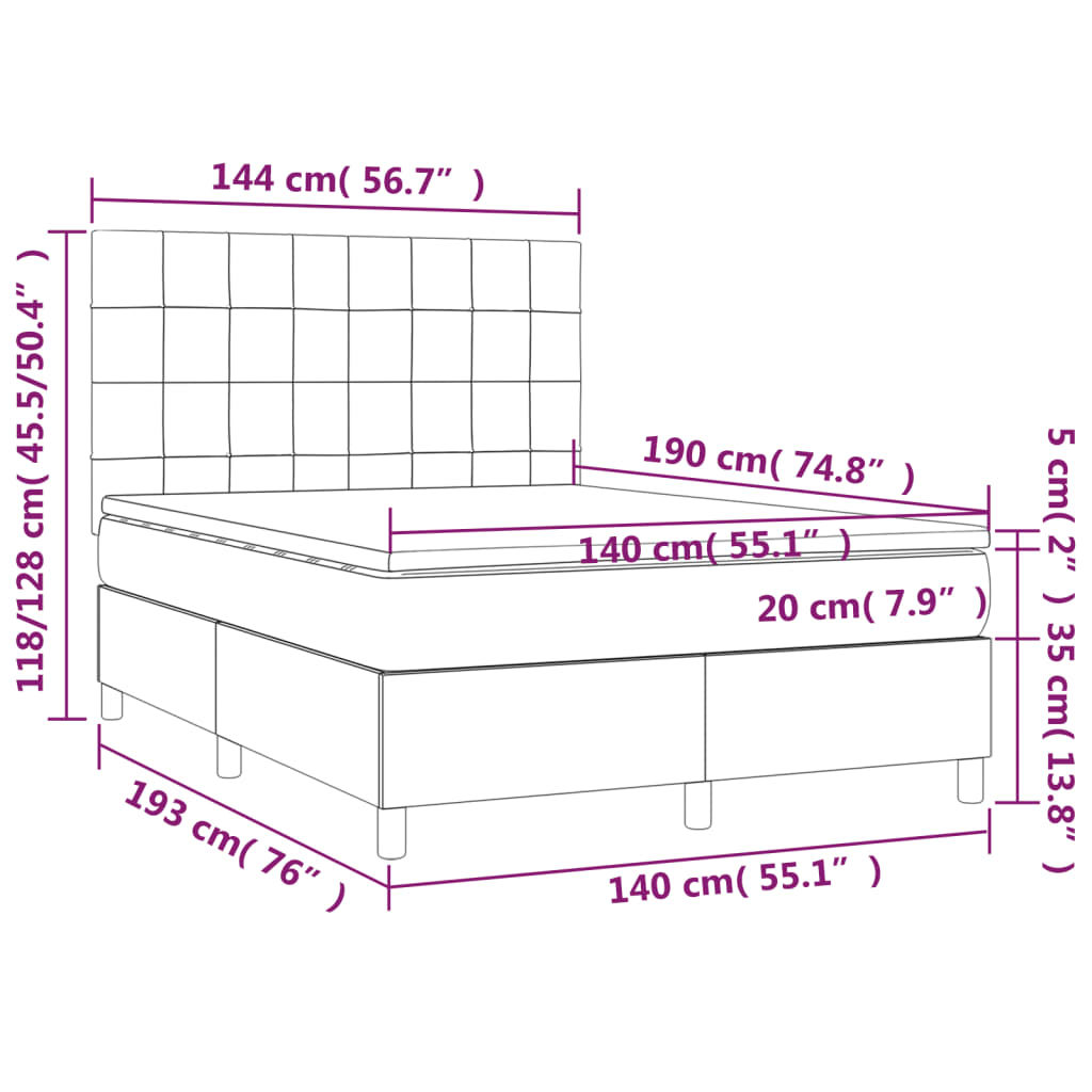 sötétszürke szövet rugós és LED-es ágy matraccal 140x190 cm