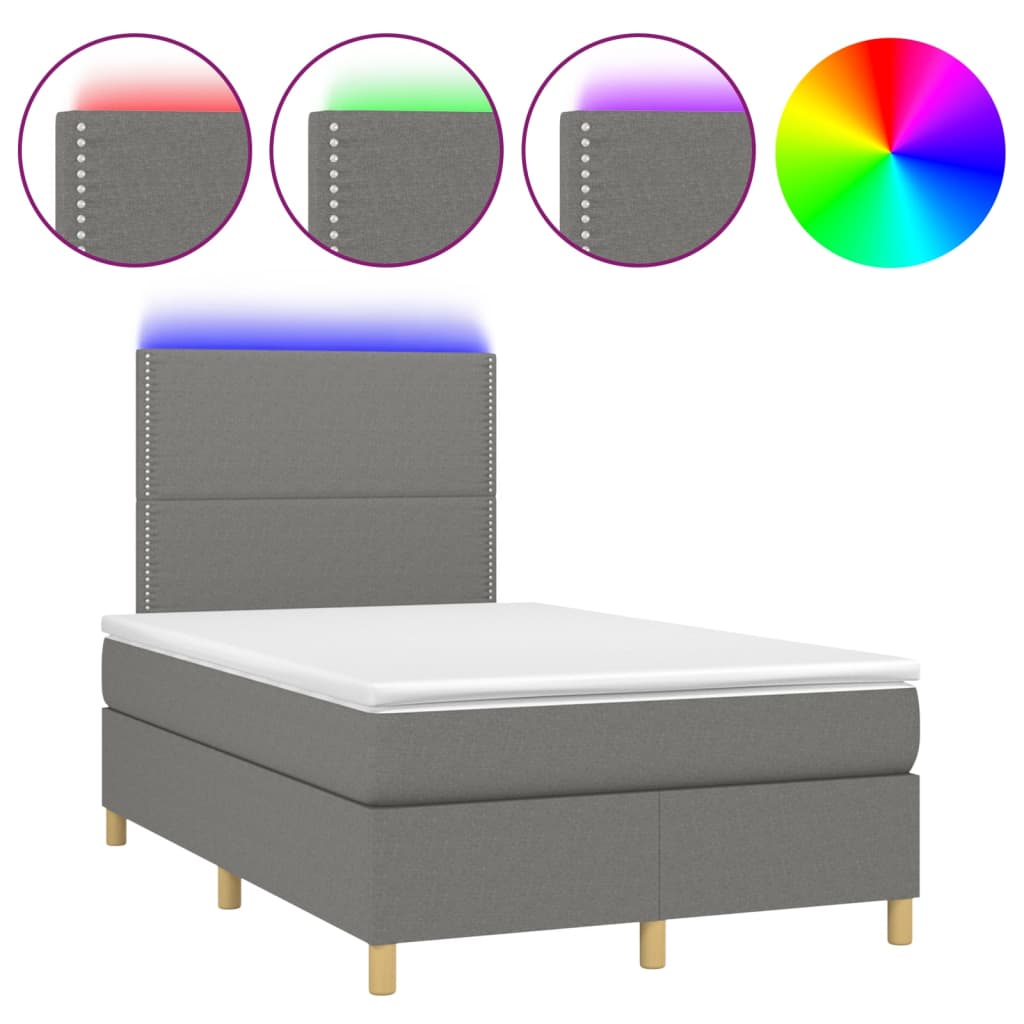 sötétszürke szövet rugós és LED-es ágy matraccal 120 x 200 cm