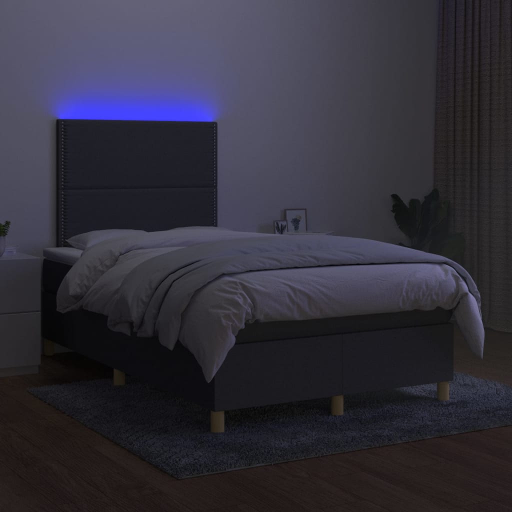 sötétszürke szövet rugós és LED-es ágy matraccal 120 x 200 cm
