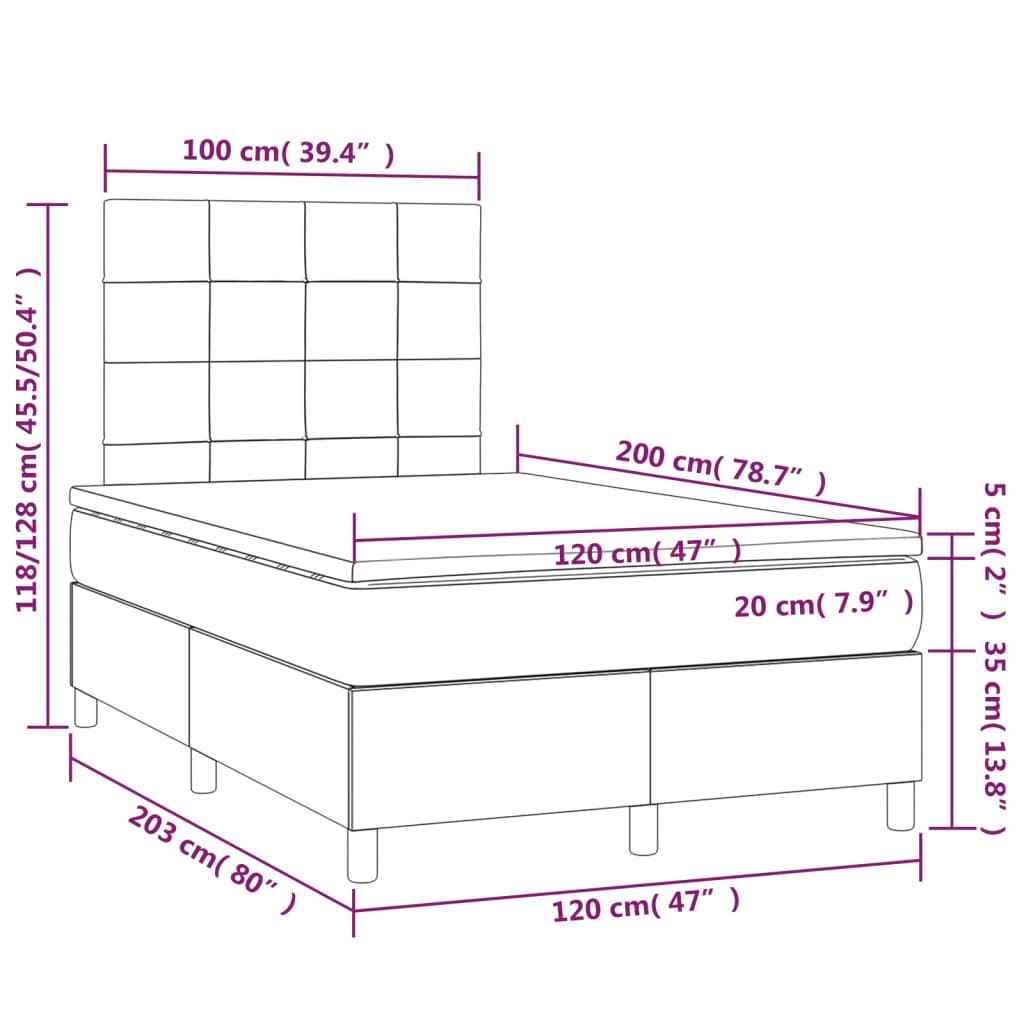 sötétszürke szövet rugós és LED-es ágy matraccal 120 x 200 cm