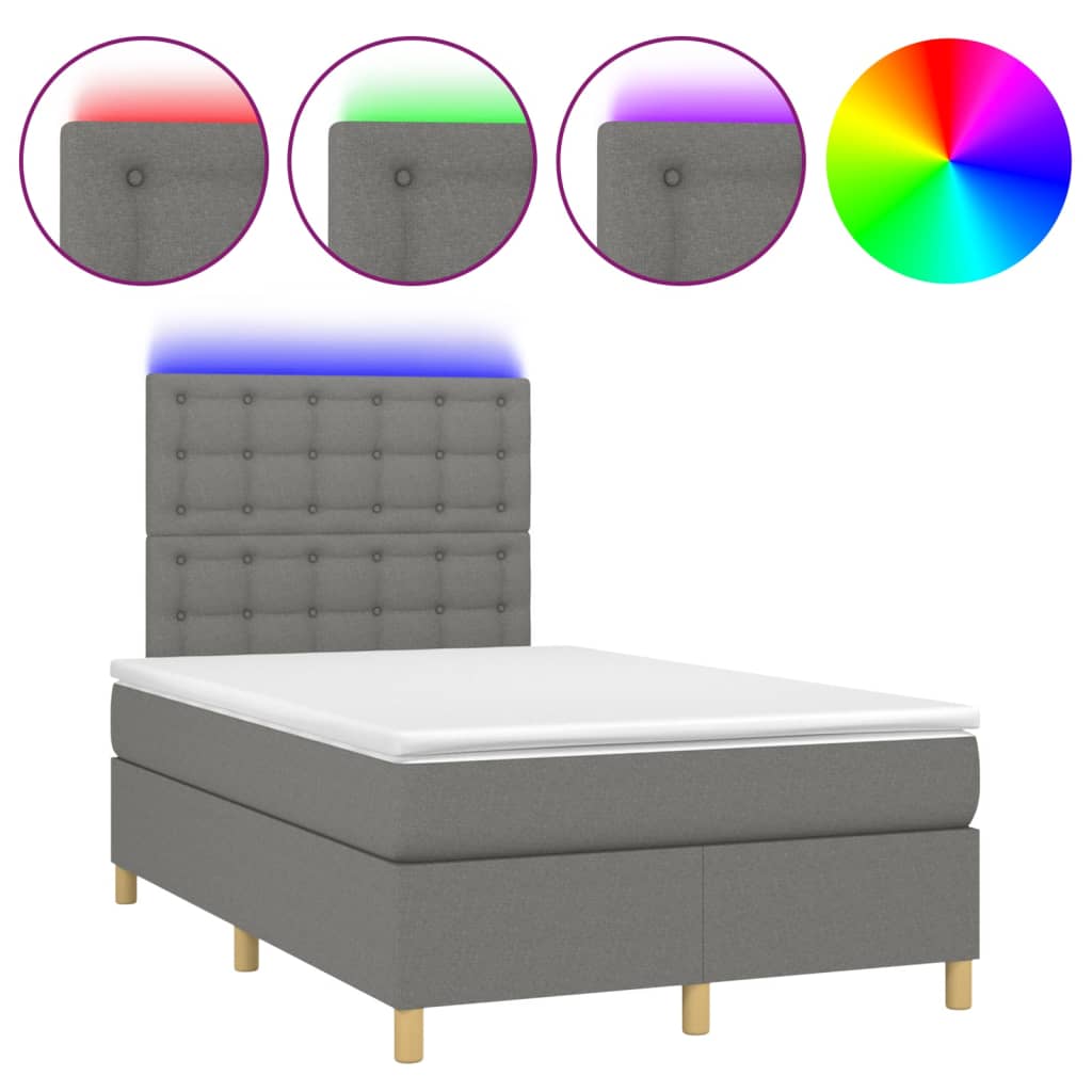 sötétszürke szövet rugós és LED-es ágy matraccal 120 x 200 cm